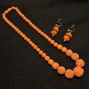 Vintage coral-colored necklace and earrings